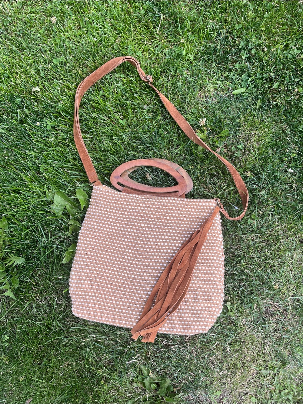World Market Woven Tan Crossbody Shoulder Bag with Fringe